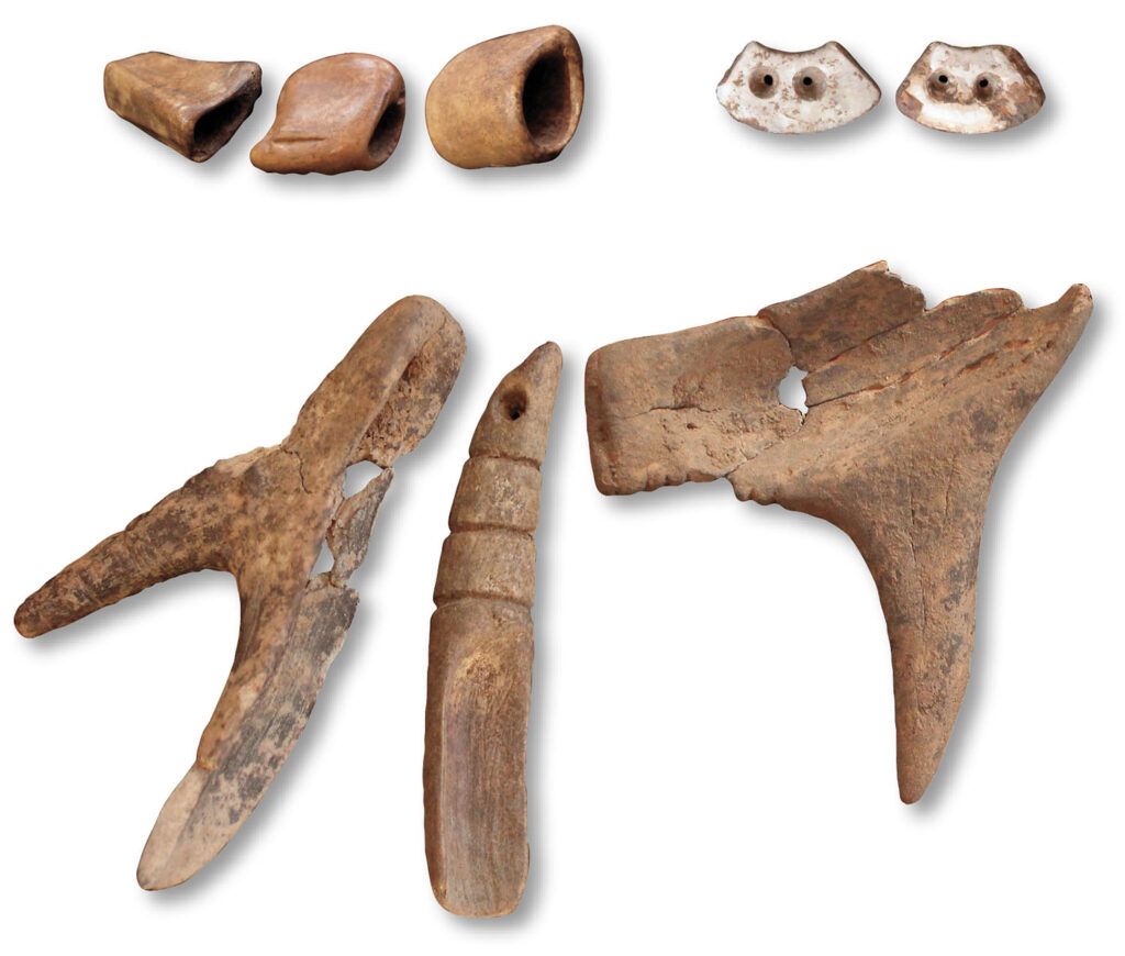 Shell and bone beads and snuff spoons carved from bone