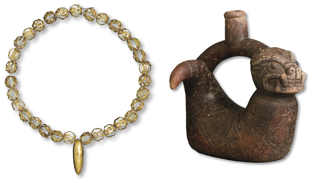 Artifacts recovered from an elite burial at Pacopampa include a gold necklace and a ceramic vessel in the shape of a jaguar.