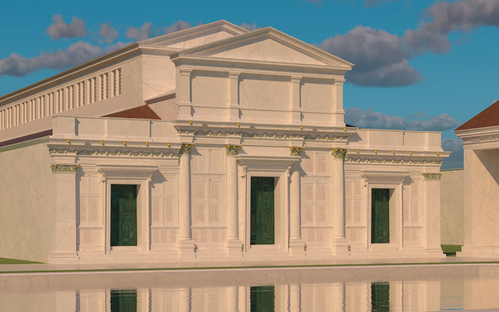 A digital reconstruction shows how the Civil Basilica in the city of Aphrodisias in southwestern Anatolia would have appeared with the Edict of Maximum Prices inscribed on its facade.