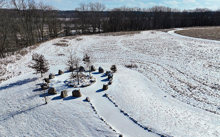 Circle of Stones shown blanketed in snow, Prophetstown, Indiana