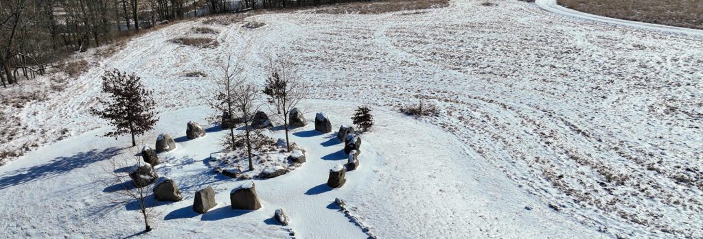 Circle of Stones shown blanketed in snow, Prophetstown, Indiana