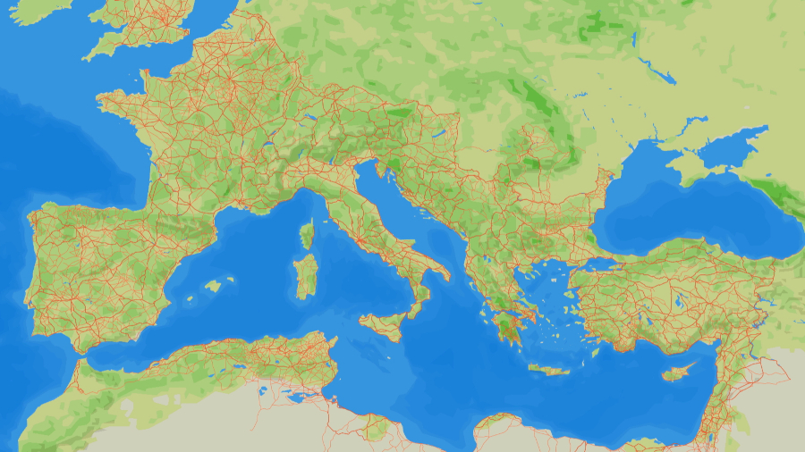 Map of Roman road network across Europe and North Africa