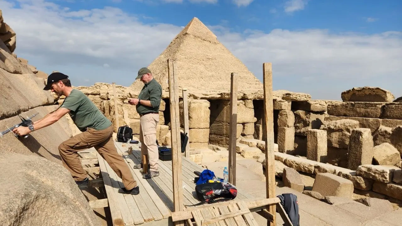 Researchers scanning the pyramid of Menkaure, Giza, Egypt