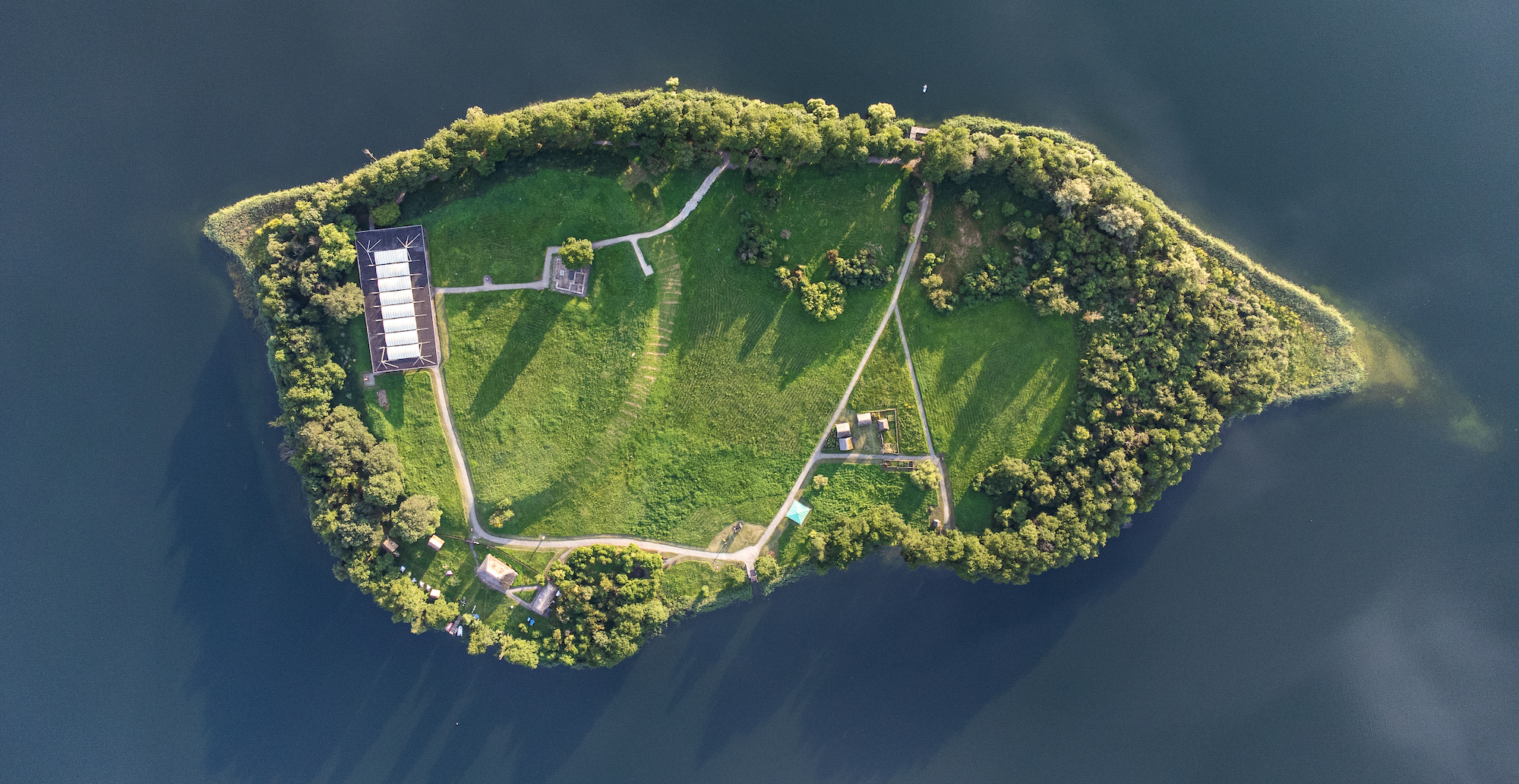 Aerial view of Ostrów Lednicki, Lake Lednica, Poland