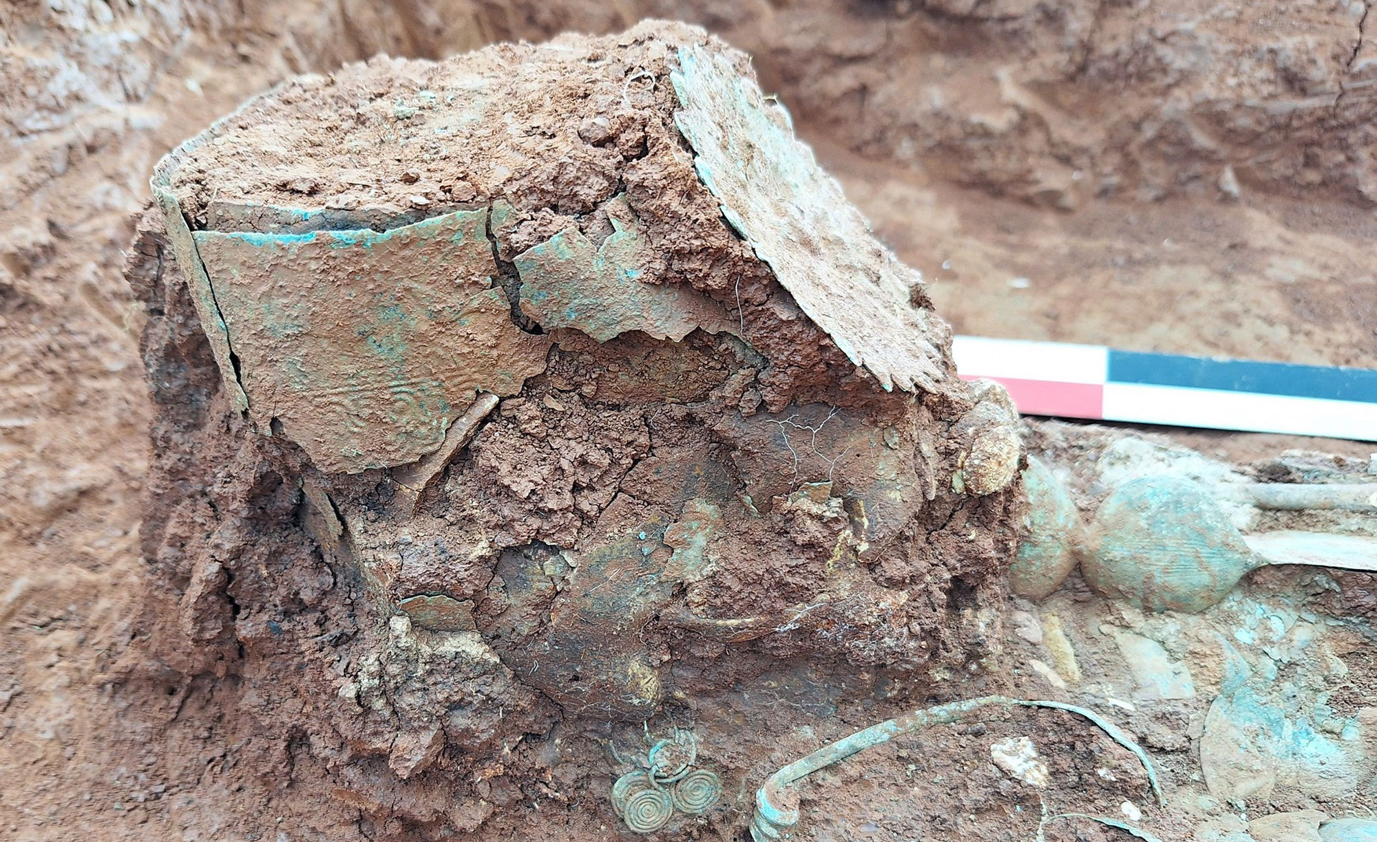 Inverted bronze diadem in situ in a woman's burial, Phthiotis, Greece