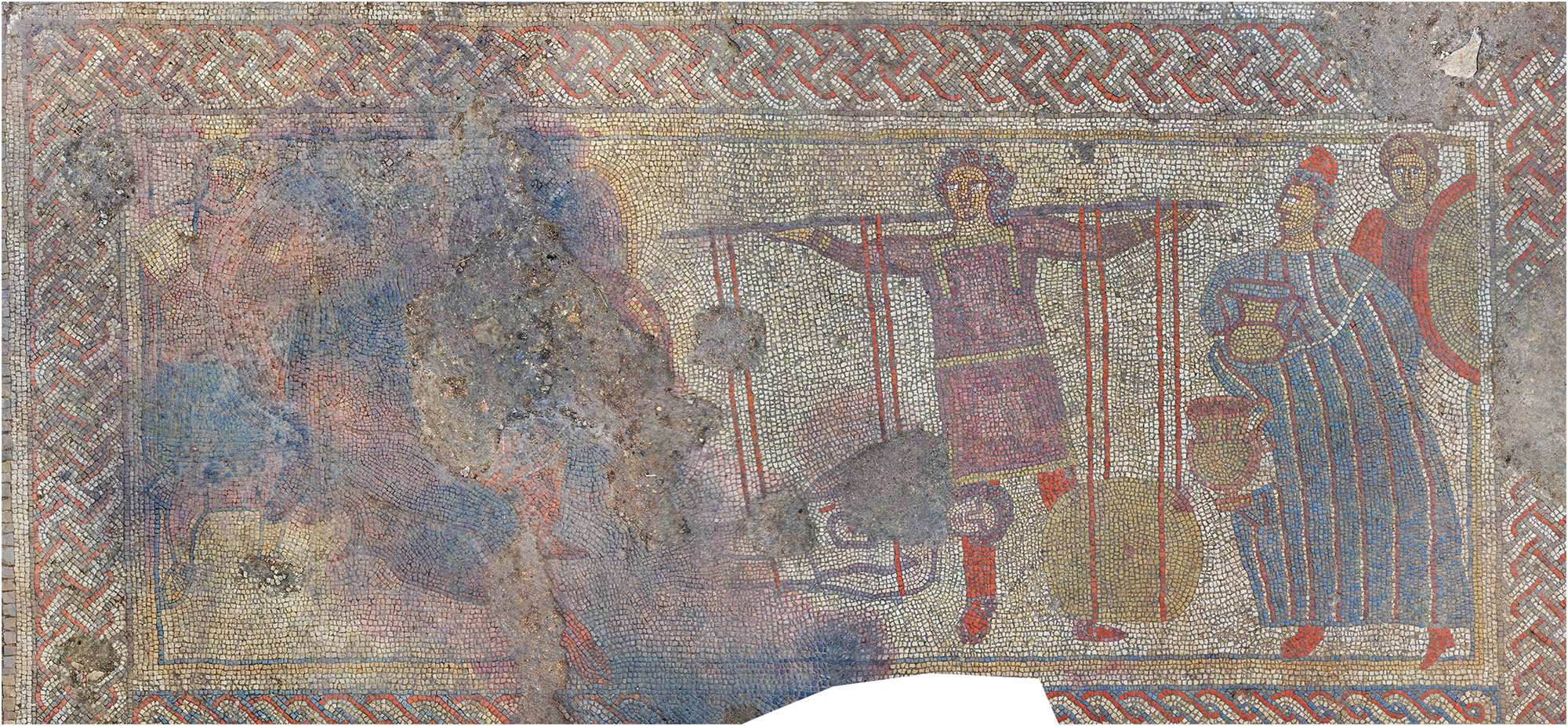 Panel of the Ketton Mosaic depicting the ransom of Hector's body to King Priam