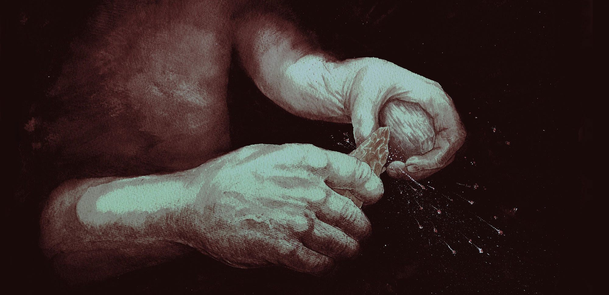 Artist’s reconstruction of sparks being produced by striking iron pyrite with a flint handax