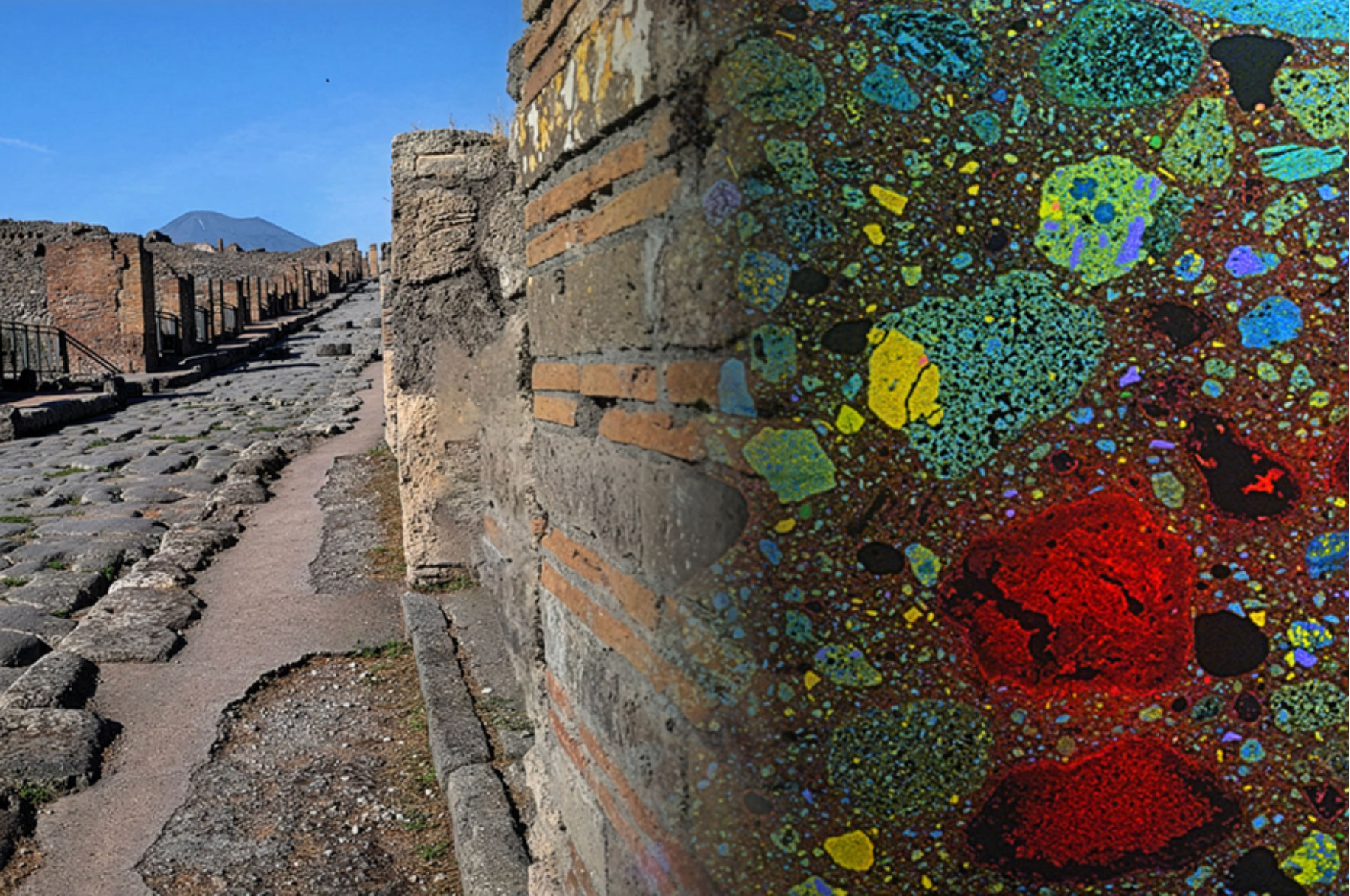 View of street in Pompeii, Italy, and an ancient wall with overlay (at right) of compositional analysis of concrete