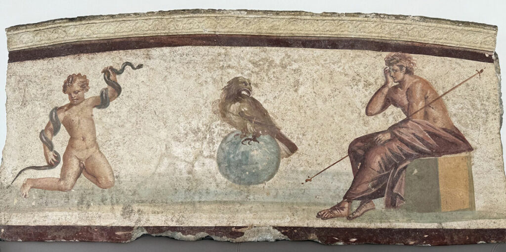 Fresco from Pompeii's Civita Giuliana depicting Hercules strangling a serpent (left), Zeus as an eagle (center), and Amphitryon (right)