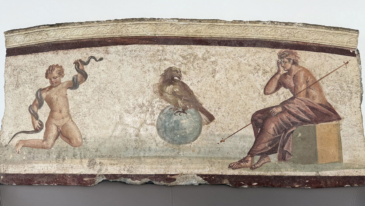 Fresco from Pompeii's Civita Giuliana depicting Hercules strangling a serpent (left), Zeus as an eagle (center), and Amphitryon (right)