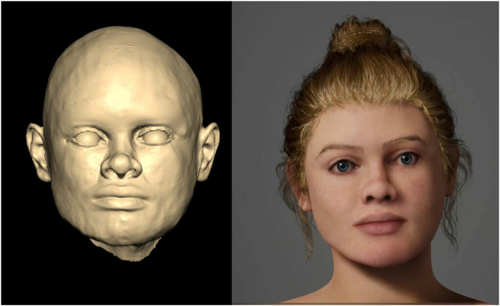 3D scan of physical model (left) and second iteration (right) of the facial depiction of Beachy Head Woman