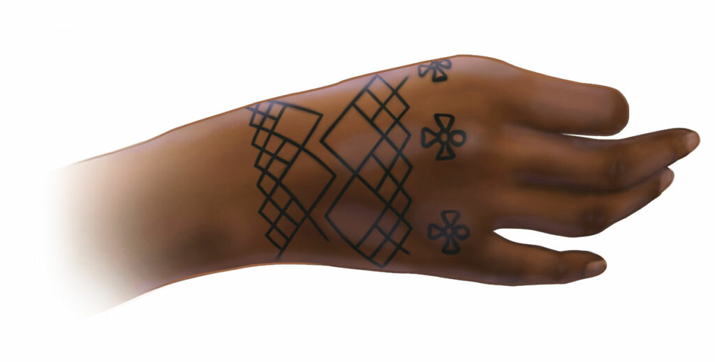 Illustration depicting tattoos discovered on the hands of ancient Nubian children