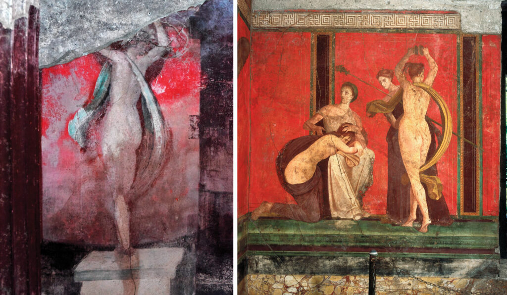 A naked follower of Dionysus is portrayed dancing in a nearly identical pose in the House of the Thiasus (left) and the Villa of the Mysteries (right).