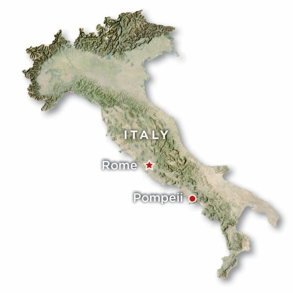Map of Italy with locator points for Rome and Pompeii
