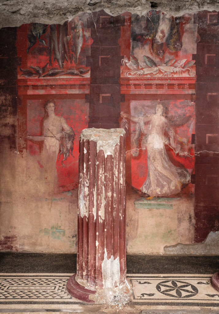 Frescoed panels in the House of the Thiasus portray a satyr (left) and a woman (right) holding a sword in one hand and an animal's entrails in the other. Above the frescoes are vignettes showing a boar, two ducks, sea bass, and thrushes (left) and chickens, tuna, and squid (right).