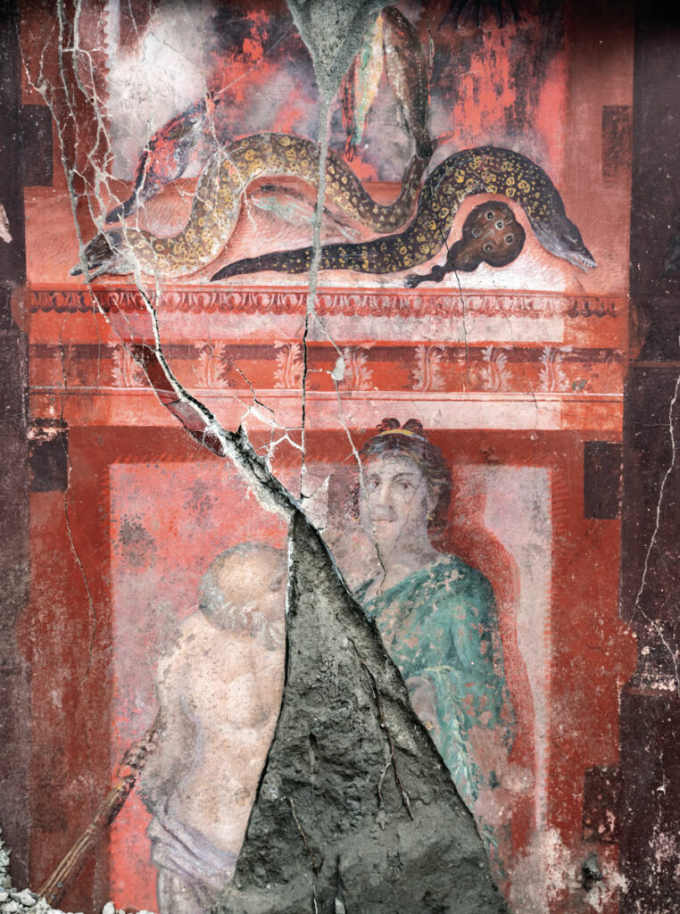 Panel from the House of the Thiasus depicting a torch-bearing silenus leading a woman to her initiation into the god's rites. Above them is a vignette depicting fish, moray eels, and a torpedo ray.