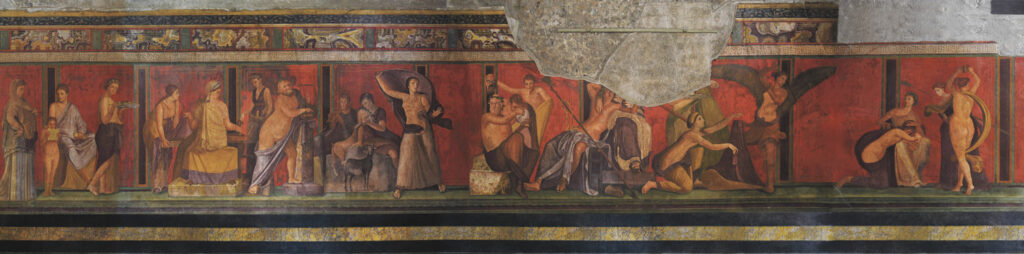 Composite image of the frescoes adorning the three walls of the Villa of the Mysteries, Pompeii, Italy