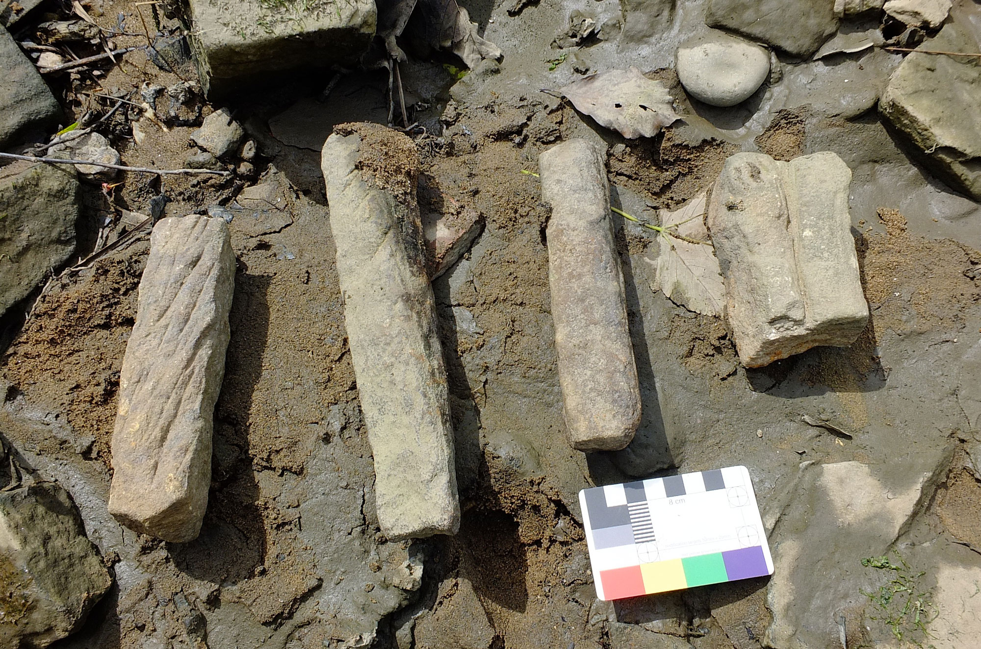 Three bar-shaped whetstones and one rare ‘double’ on the foreshore of the River Wear, Offerton, England