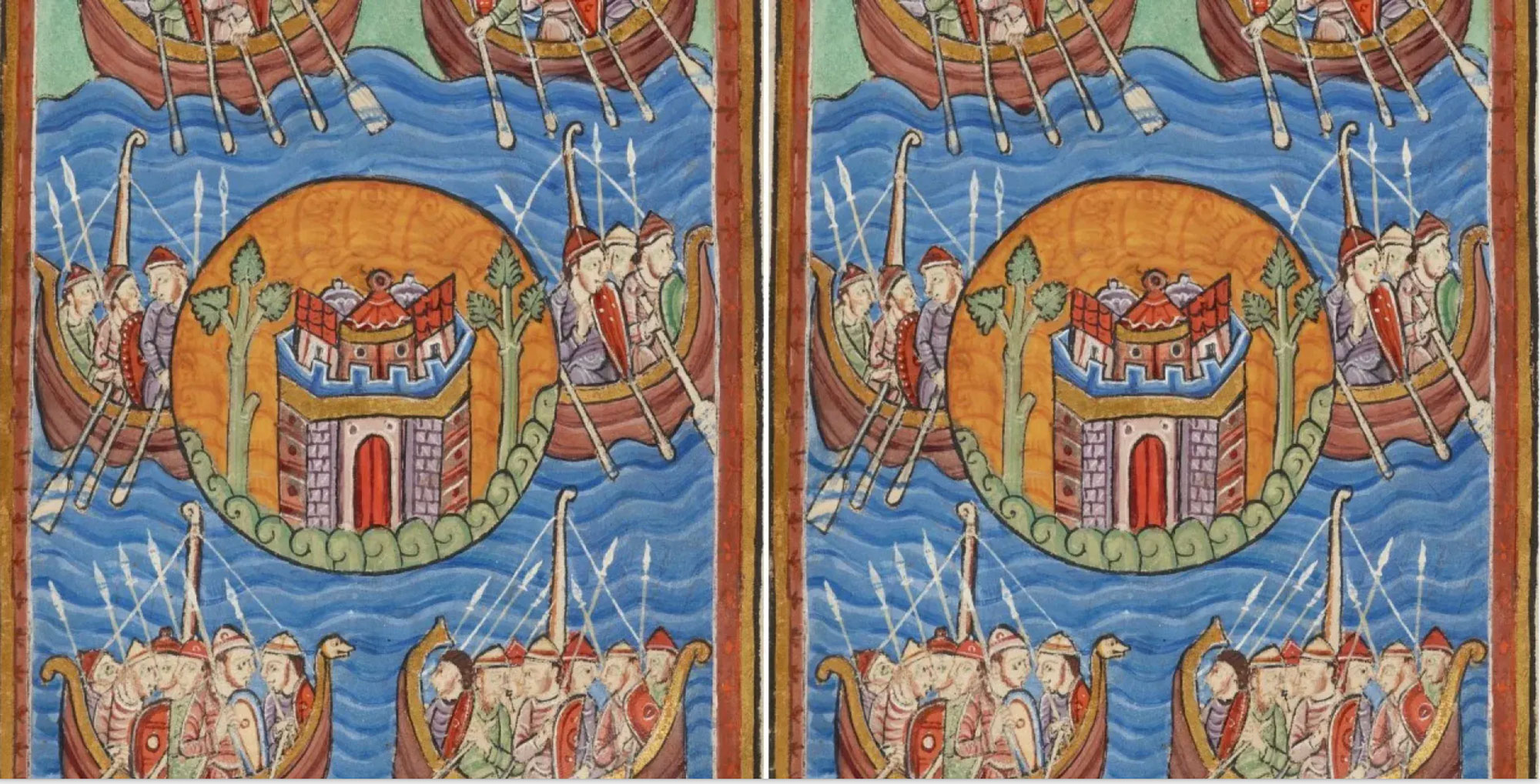 Depiction of Saxons, Jutes, and Angles crossing the sea to Britain