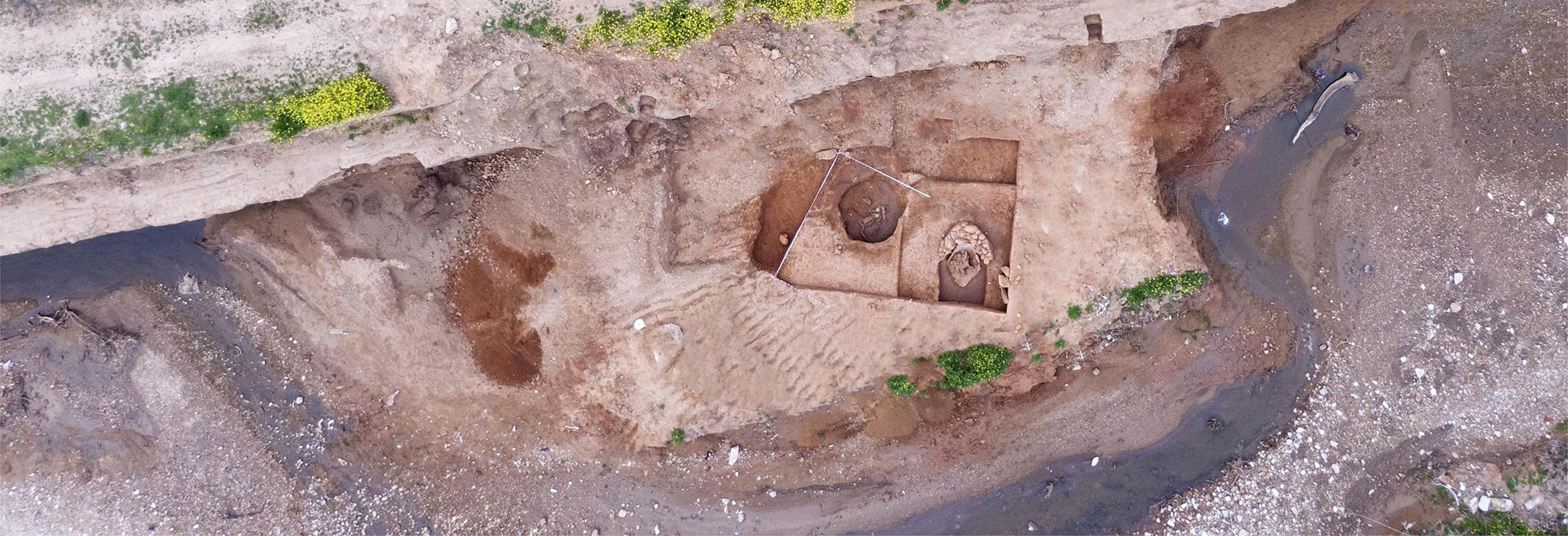 Aerial view of Bronze Age burial site during excavations, Rafina, Greece