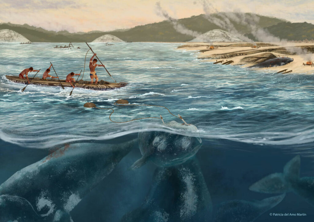 Illustration showing Indigenous communities in southern Brazil hunting cetaceans 5,000 years ago