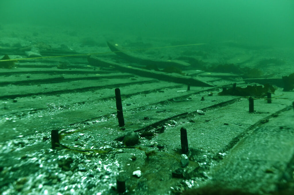 Planks of medieval shipwreck on the seafloor off the coast of Copenhagen, Denmark