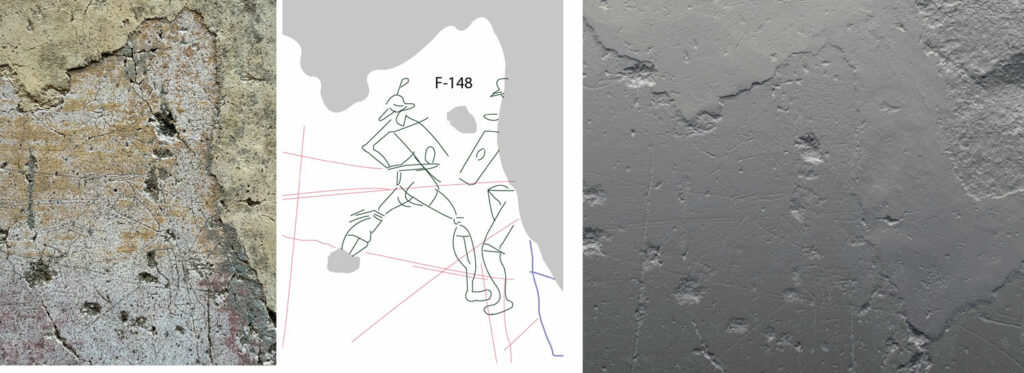 Graffiti panel (left), line drawing (middle), and RTI image (right) of a scene depicting gladiatorial combat