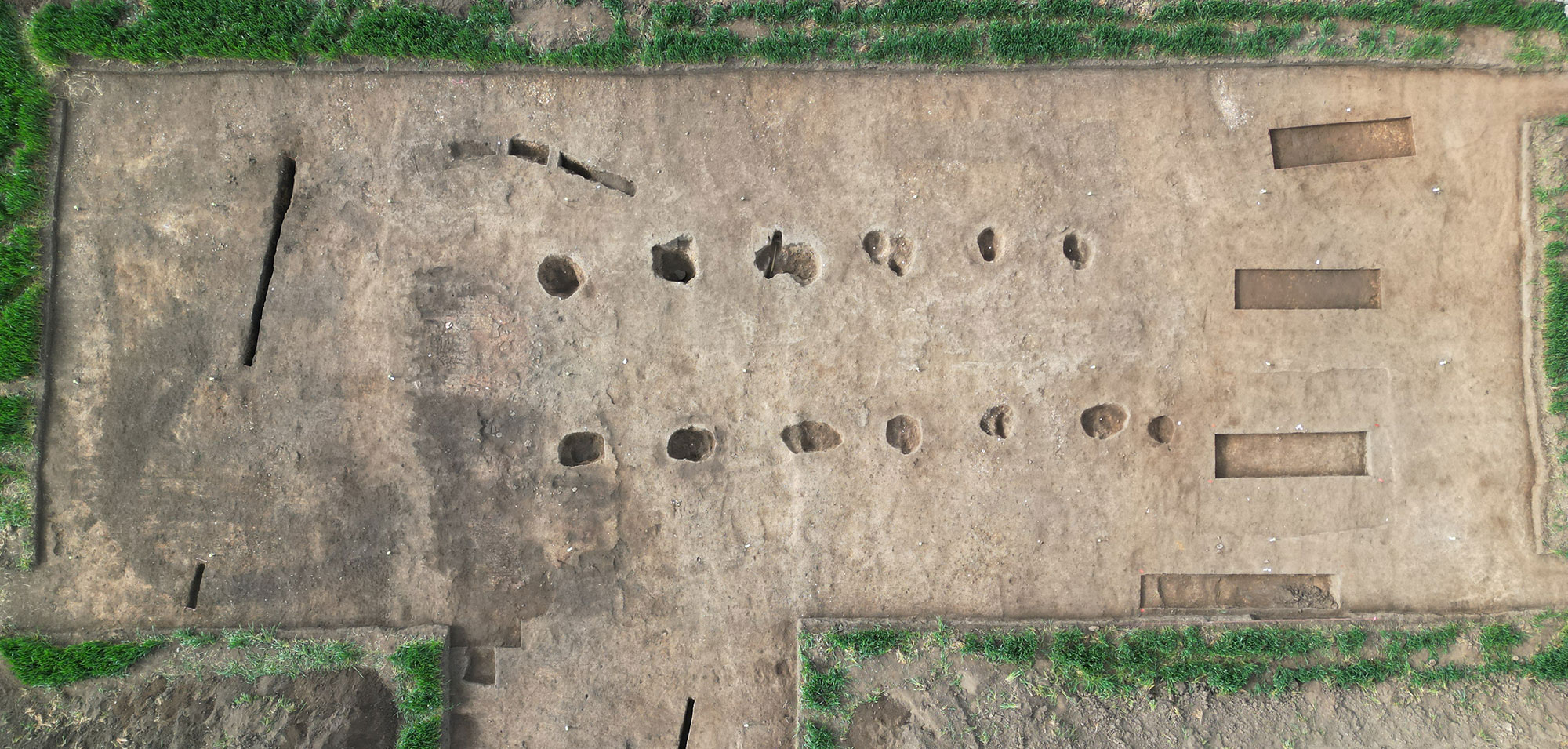 Aerial photo of excavated medieval timber hall, East Yorkshire, England