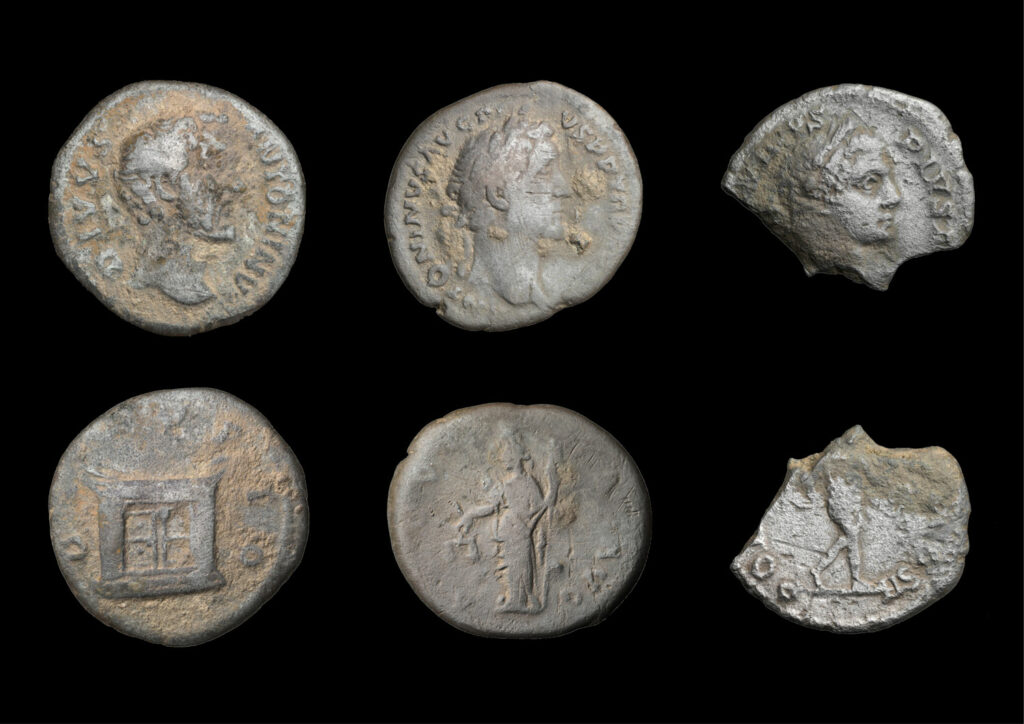 Roman coins minted under the emperors Antoninus Pius, Marcus Aurelius, and Caracalla