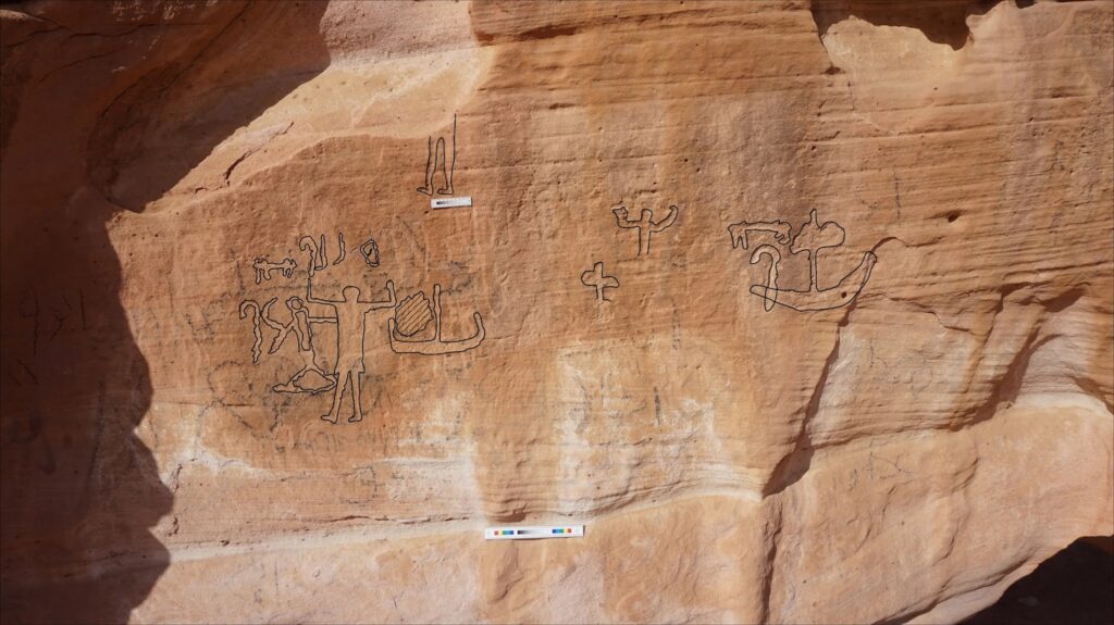 Inscription on rock face in Wadi Khamila, Egypt, with figures highlighted by digital redrawing