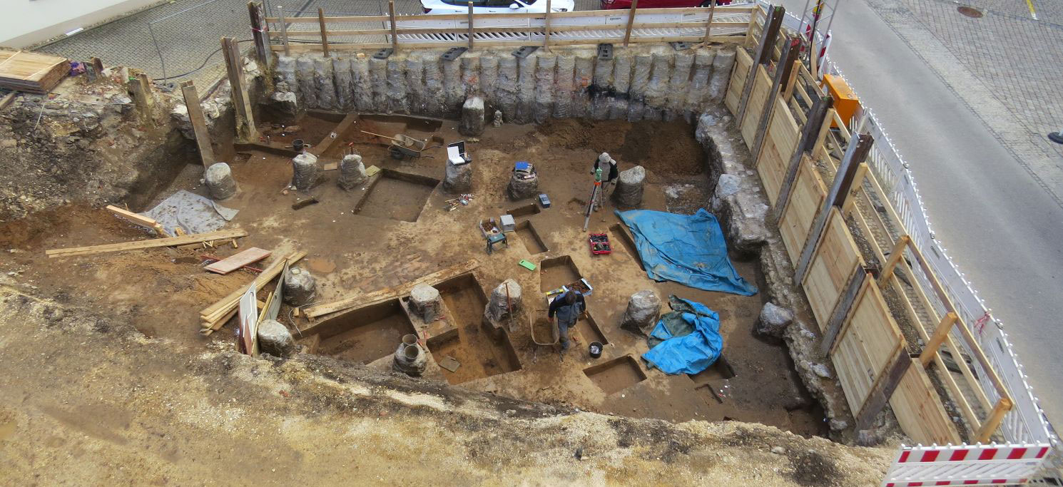 Aerial view of excavations of a Mithraeum on Stahlzwingerweg, Regensburg, Germany