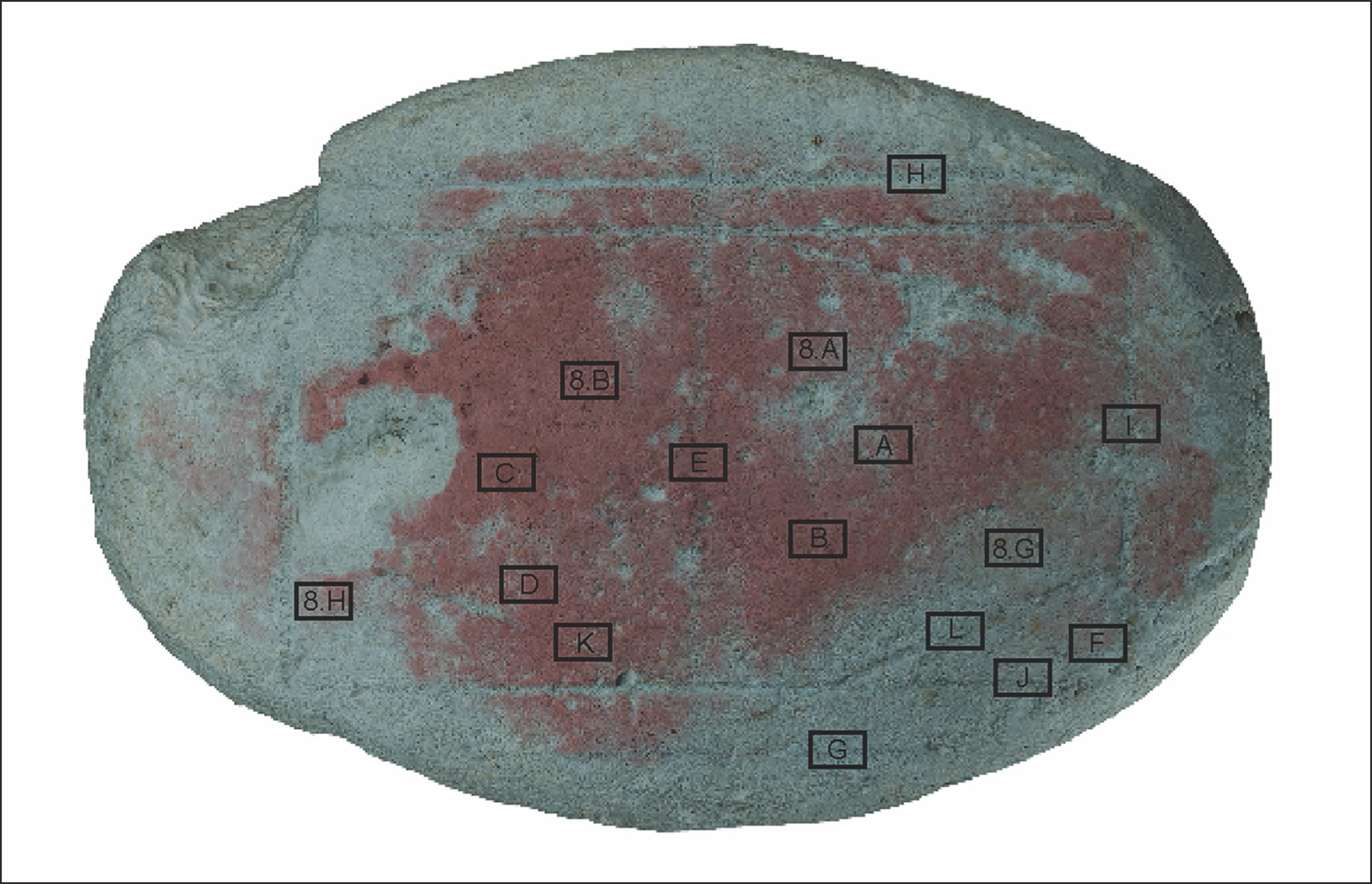 Model of Roman game board showing approximate locations of microtopography images