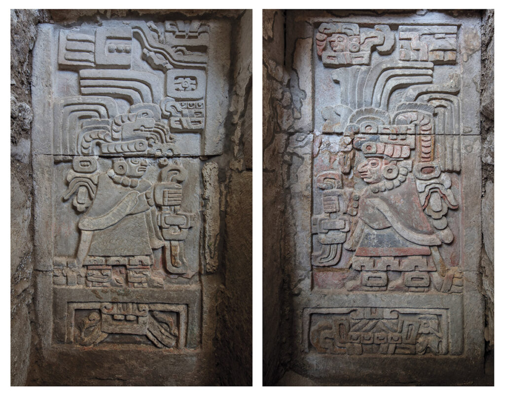 Relief depicting a female figure (left) and one depicting a male figure (right)