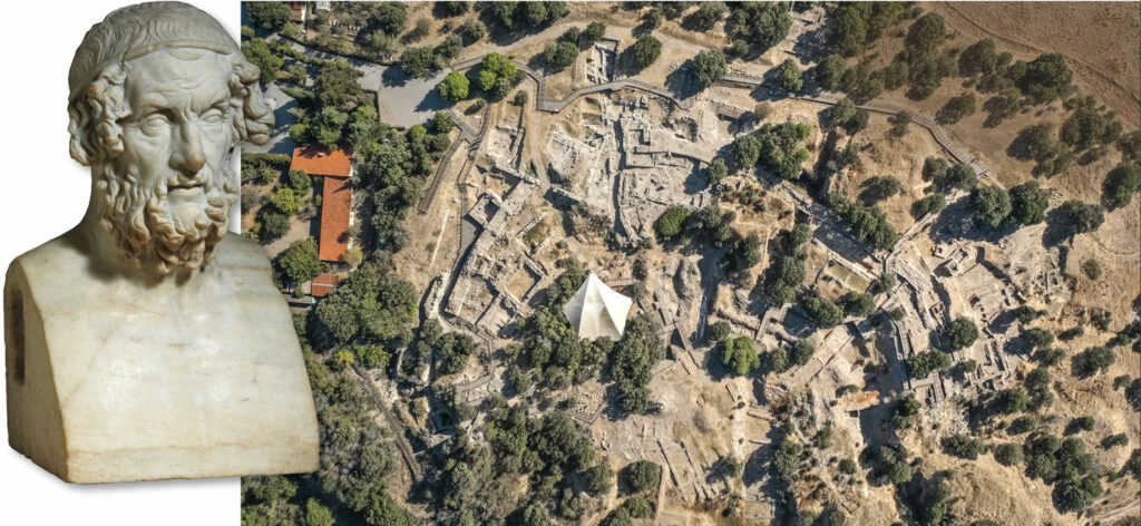 Homer bust and aerial view of Ilium