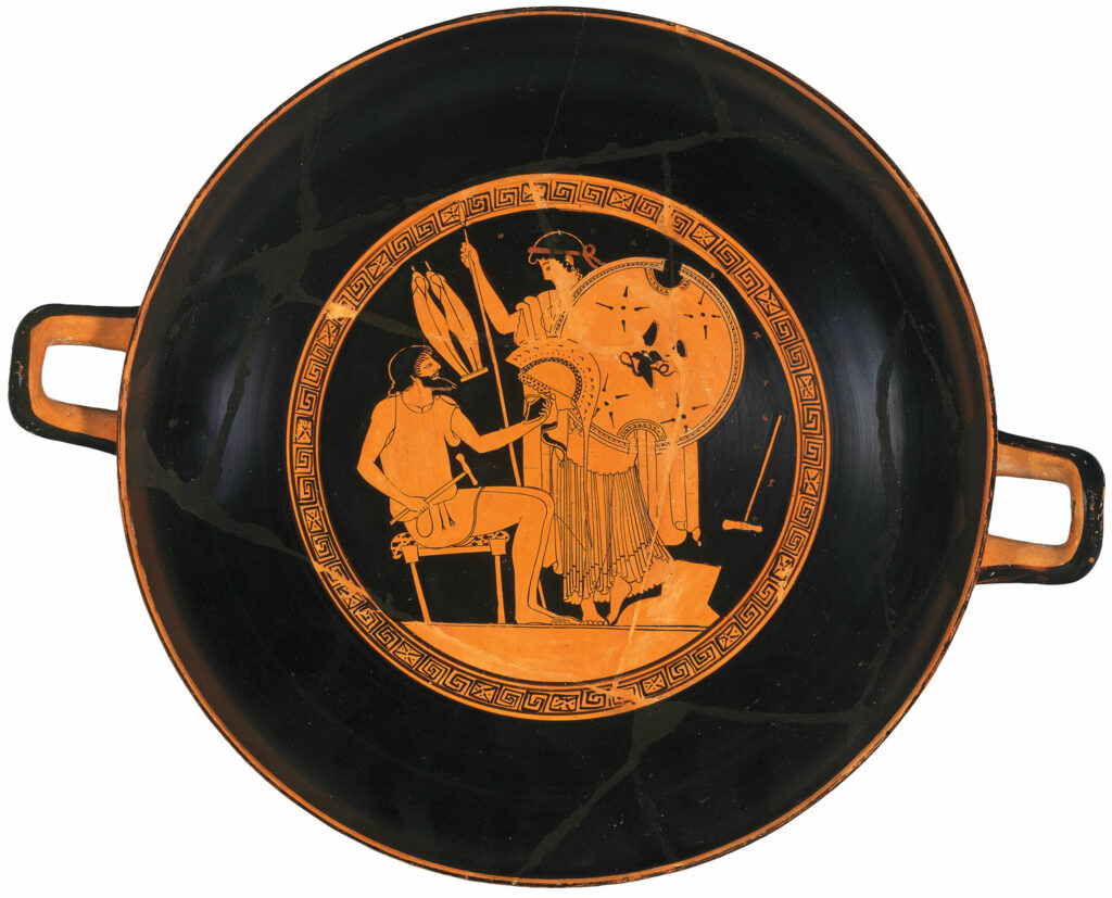 Cup portraying Hephaestus handing Achilles’ armor to his mother, Thetis