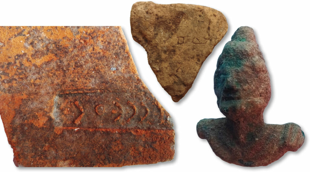 Roof tiles with part of Odysseus’ name and bronze Roman bust of Odysseus