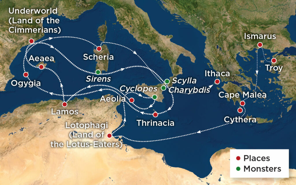 Map showing Odysseus route home to Ithaca from Troy