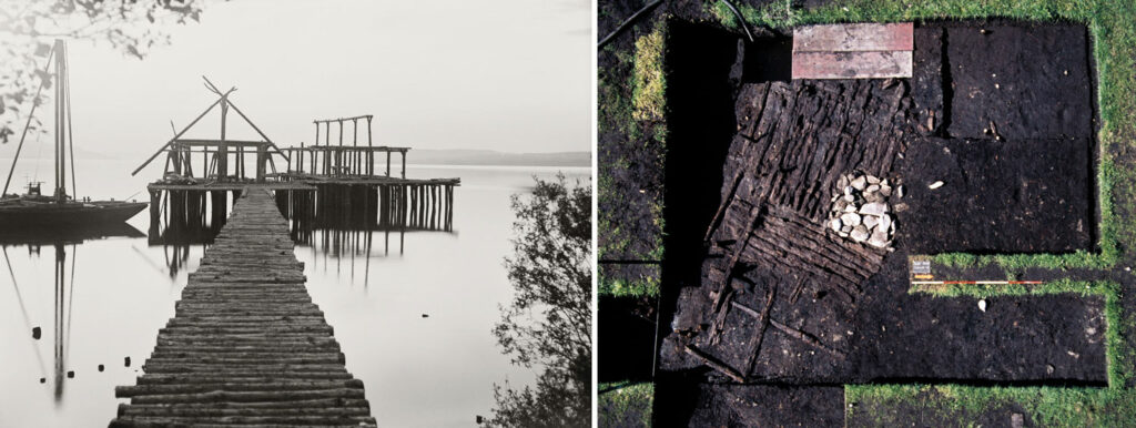 Pile dwelling replica and excavation of pile dwelling