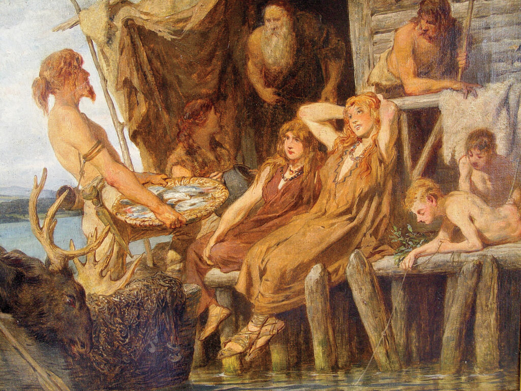 Painting of supposed blond-haired, blue-eyed residents of the Pfahlbauten
