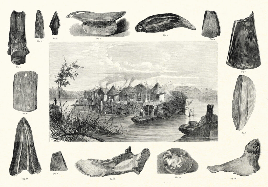 Engraving of stilt village, boats, and artifacts
