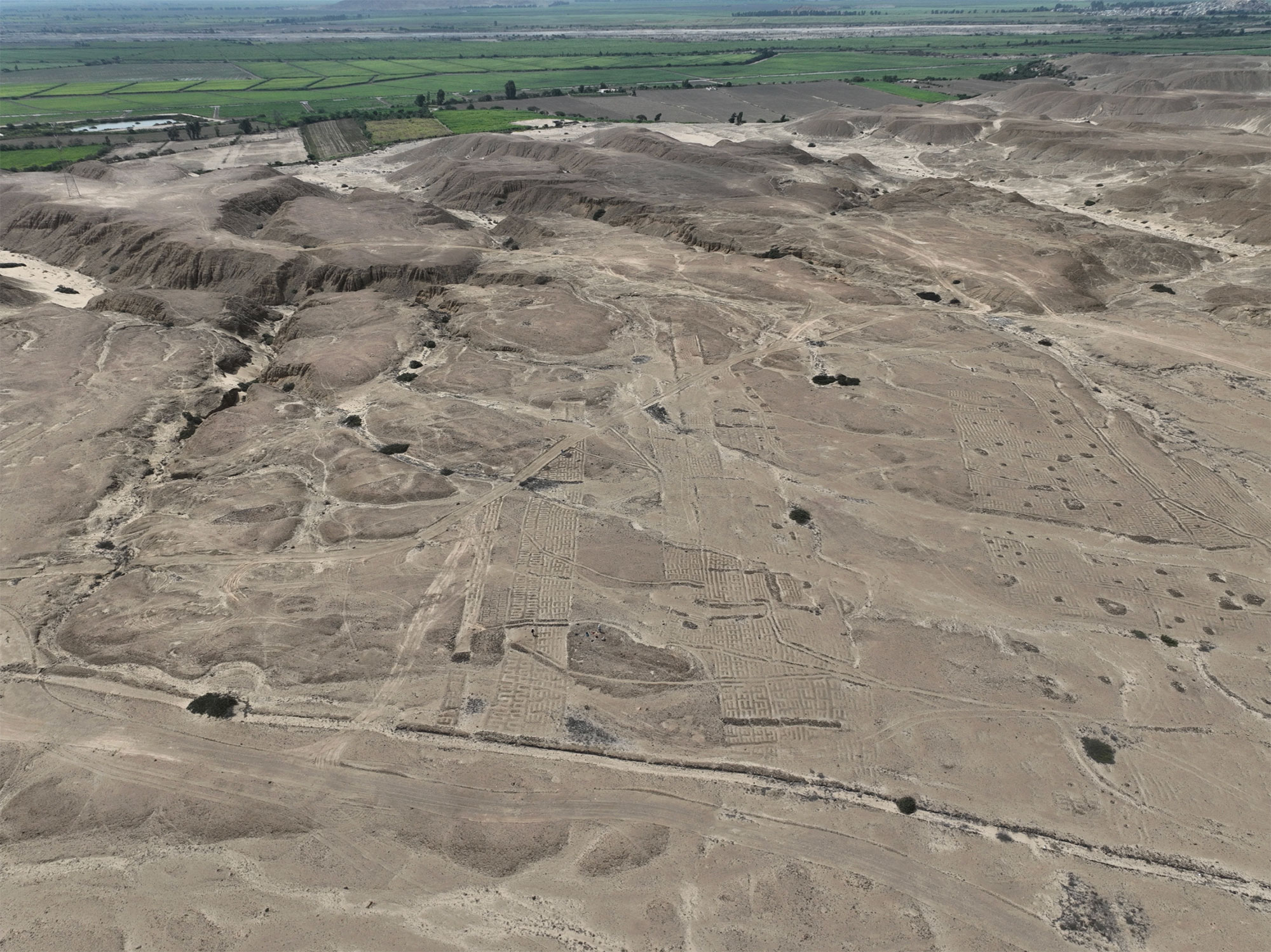 Aerial view of Chimú landscape features and ceremonial complex in the Chicama Valley, La Libertad, Peru