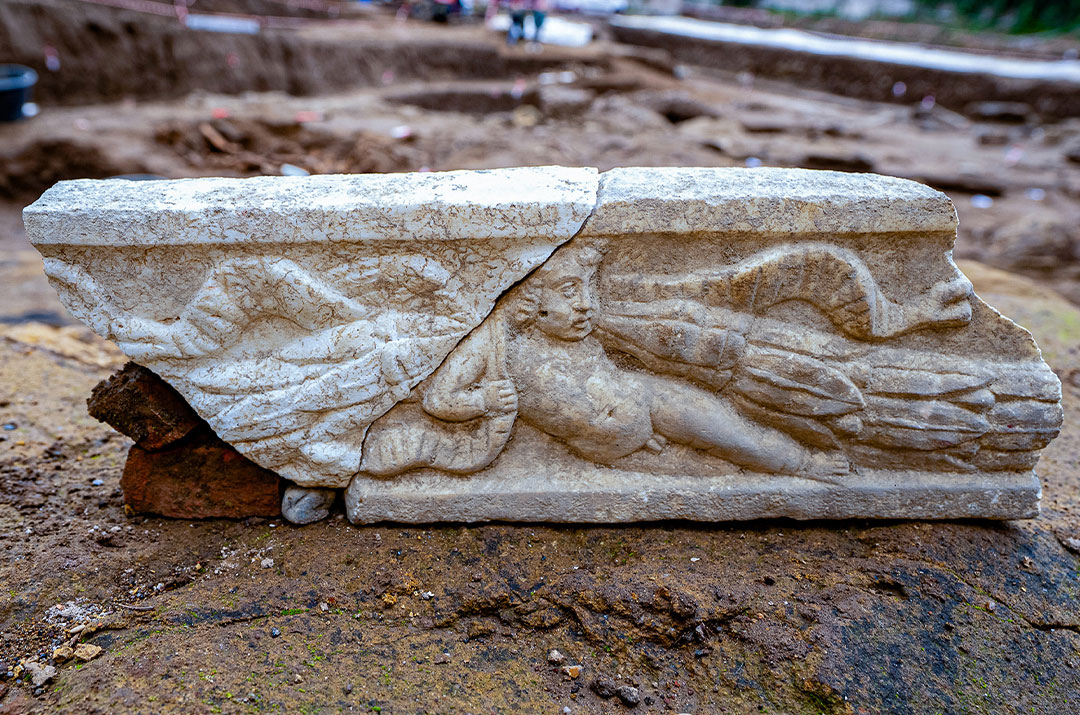 Carved marble sculpture uncovered at the Ostiense Necropolis, Rome, Italy