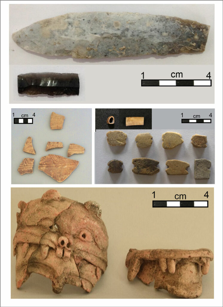 Artifacts recovered from one of the structures include (clockwise from top) obsidian blades, faunal remains and ceramic fishing net weights, a ceramic censer, and other ceramic fragments.