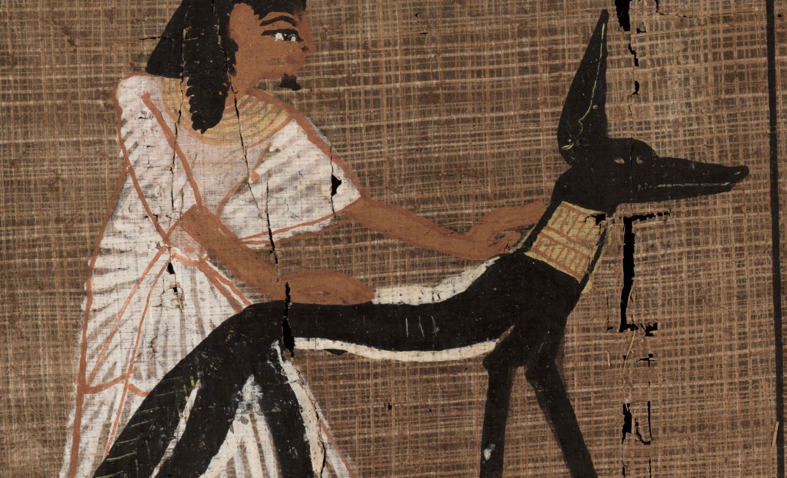 Papyrus from a copy of the Book of the Dead showing a jackal as it would have appeared after correction, when the white lines blended with the original natural color of the papyrus to make the body appear slimmer