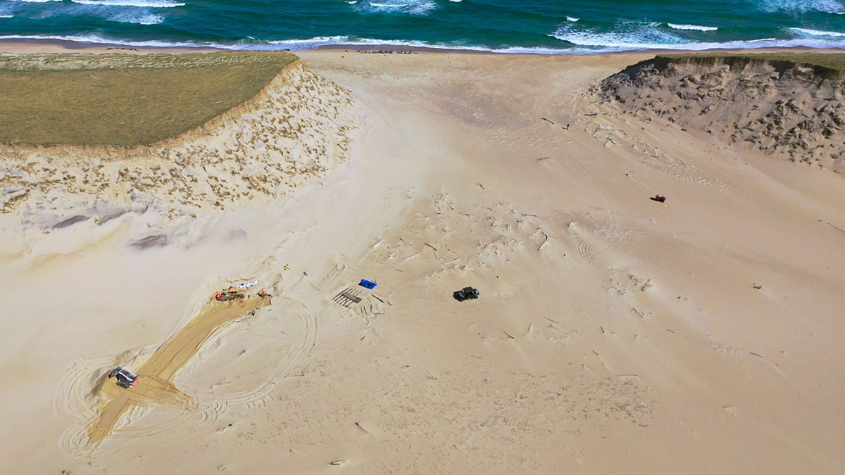 Aerial view of shipwreck dig site on North Beach of Sable Island National Park Reserve, Canada
