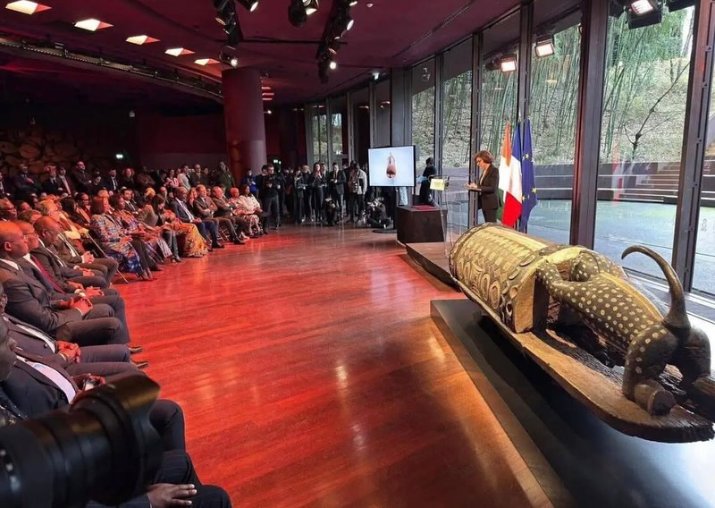 Repatriation ceremony for talking drum, Quai Branly-Jacques Chirac Museum, Paris, France