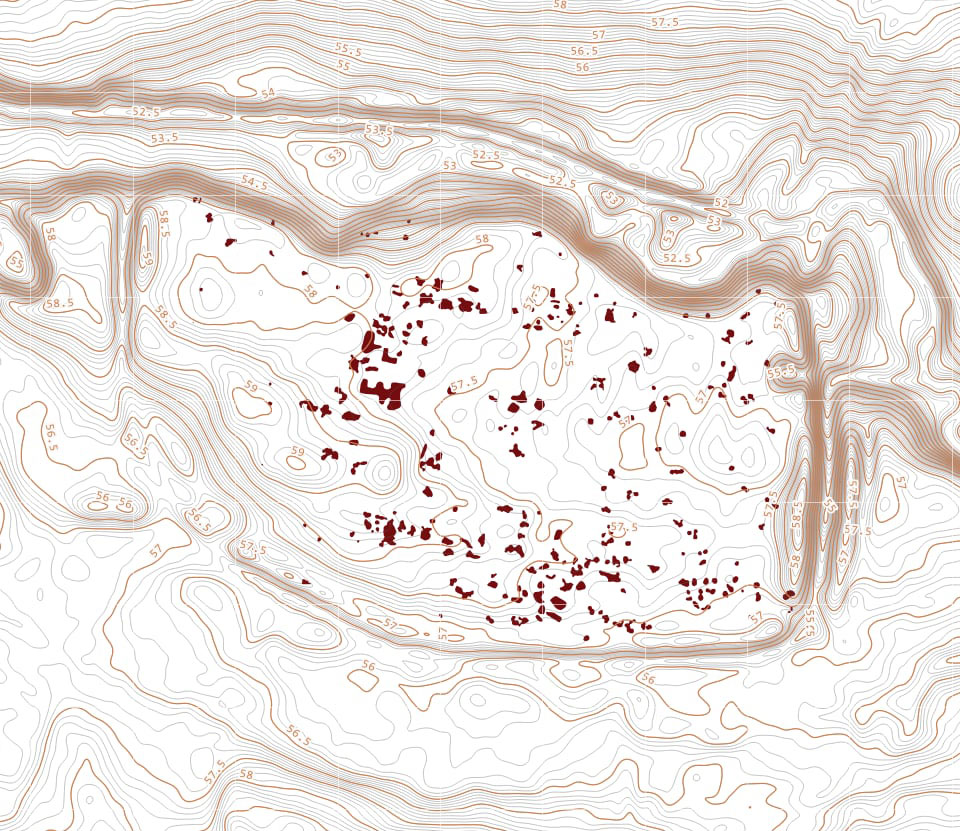 Contour plan of Stolzenberg, Poland, with locations of magnetic anomalies indicating the city's buildings