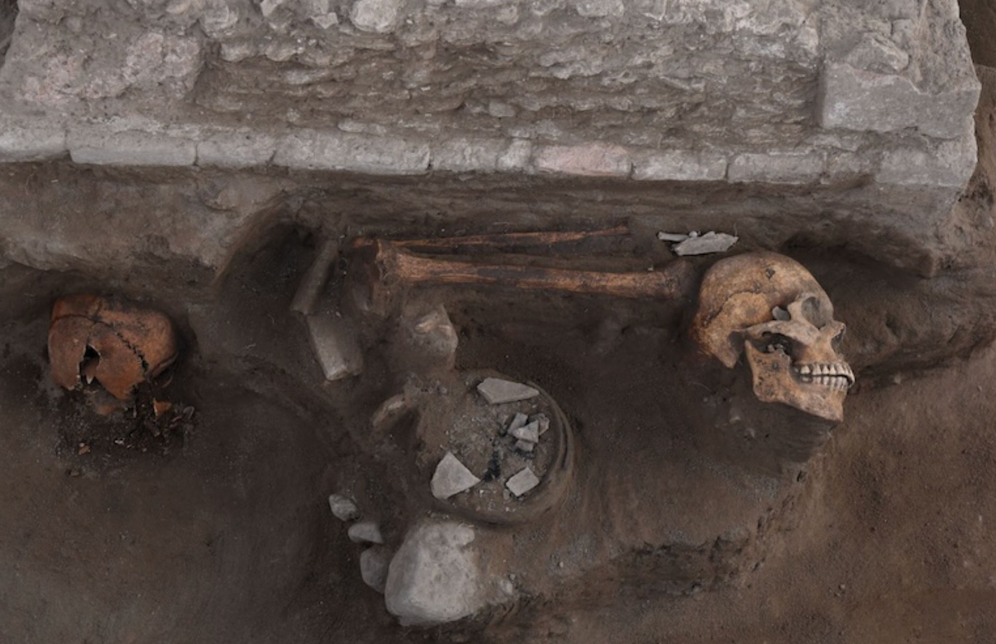 Offerings of human bones, ceramic vessels, and obsidian fragments were buried at the base of an altar outside the Tula Archaeological Zone, Hidalgo, Mexico.