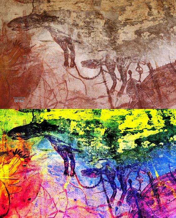 Photograph of a rock art panel depicting a thylacine with sharp teeth from Injalak Hill in Australia's Northern Territory (top) and a version of the painting enhanced with DStretch (above)