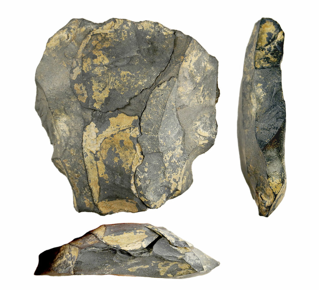 A reassembled stone artifact known as a refit found at the Jojosi site. The last three strikes made by a human knapper are visible in this 3D refit, which consists of four conjoining fragments.
